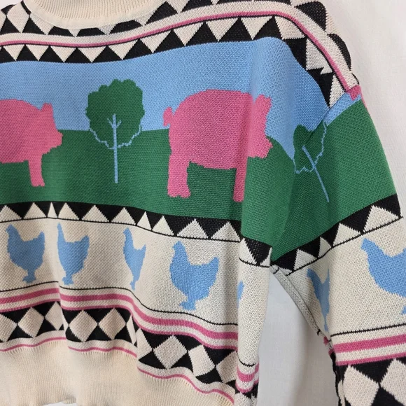 Daisy Street Farm Animal Cropped Sweater - Pink Pigs & Blue Chickens - US L - Picture 2 of 8